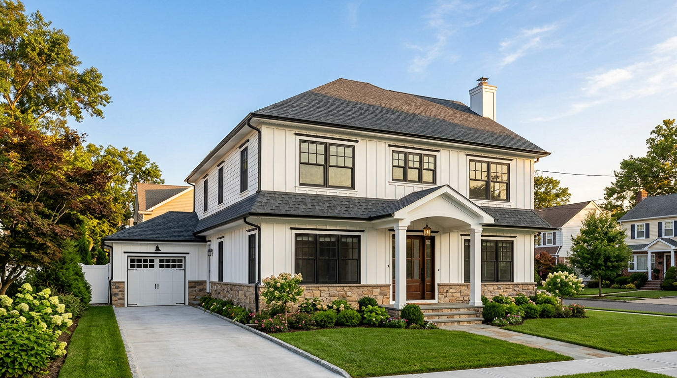Queens home with a new charcoal-gray architectural shingle roof and crisp board-and-batten siding