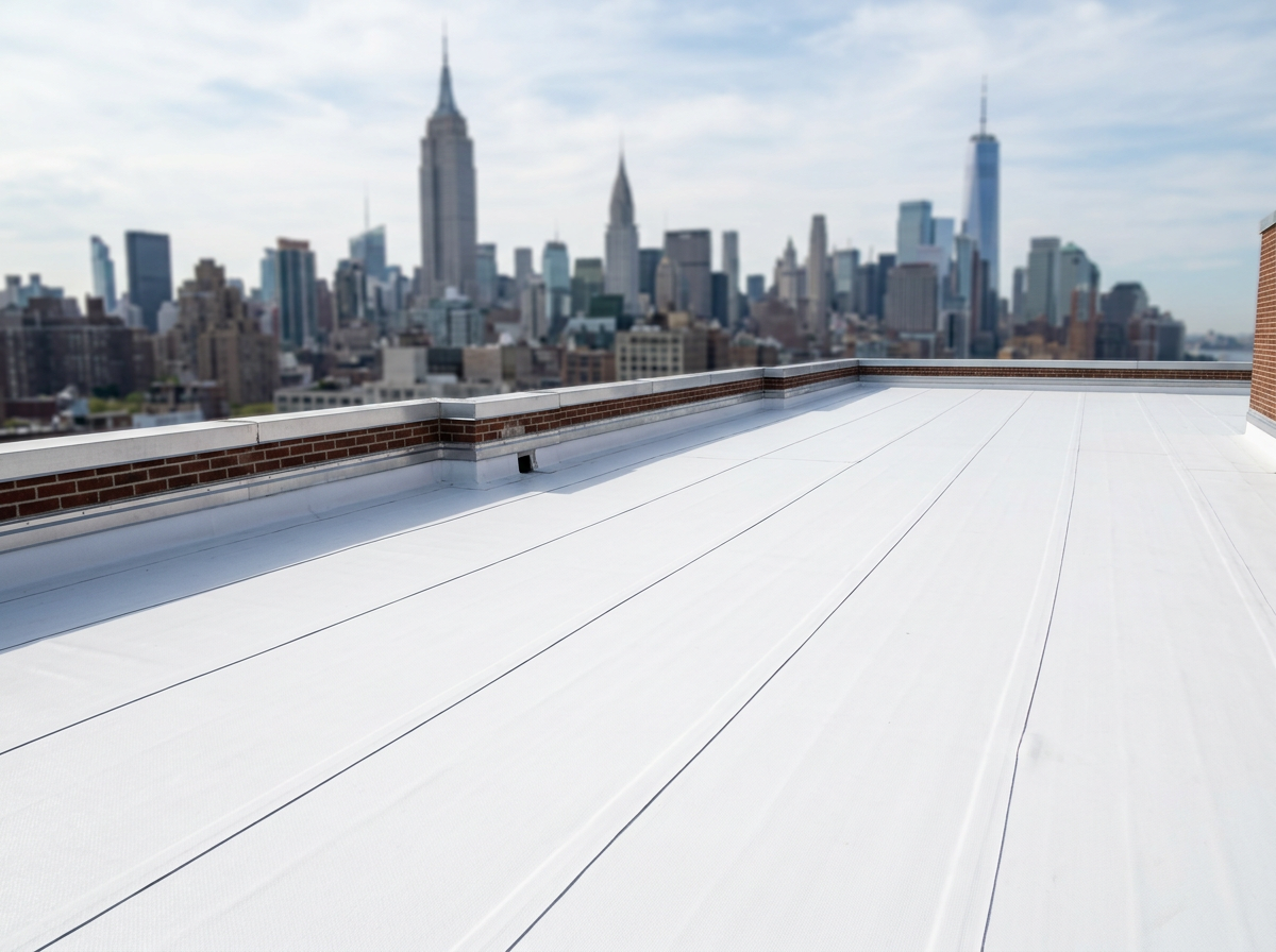 White TPO flat roofing membrane on a low-slope roof