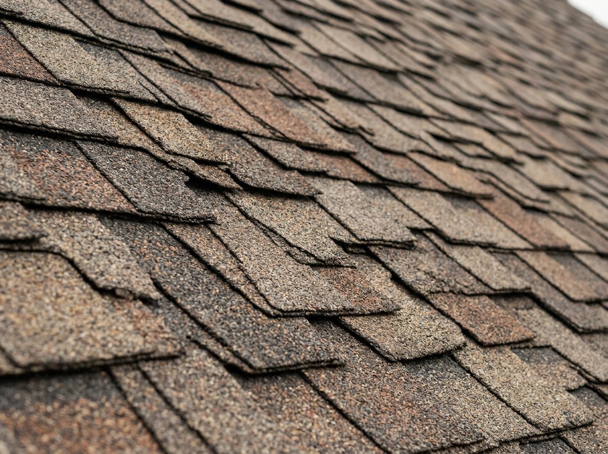 Architectural asphalt roofing shingles in a weathered-wood tone