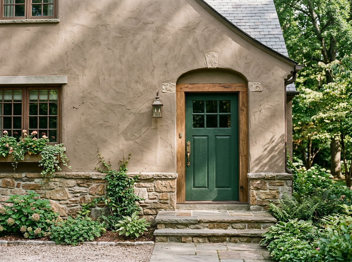 Warm stucco exterior with stone veneer base